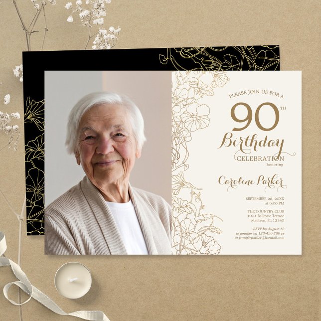 Invitación Elegante Oro Floral Negra Foto 90 cumpleaños (Subido por el creador)