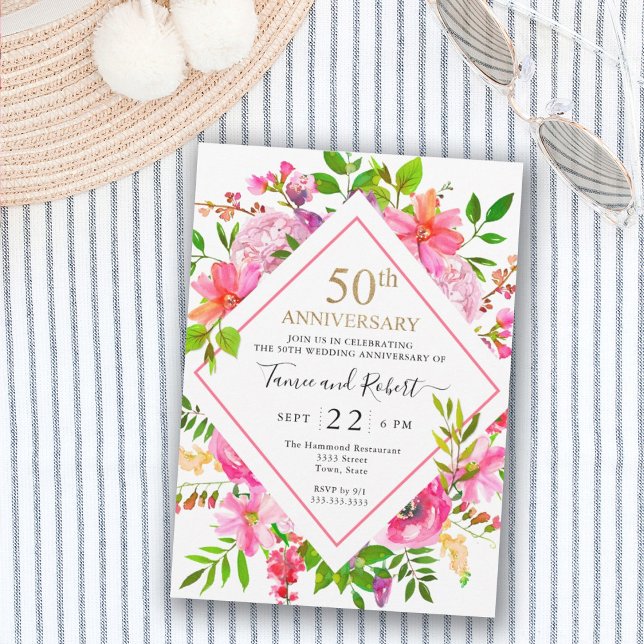 Invitación Elegante Oro Floral Rosa 50.º Boda (Subido por el creador)