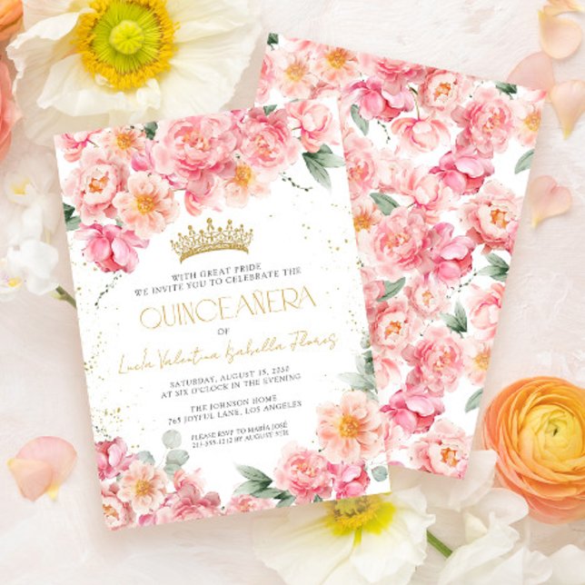 Invitación Elegante Oro Floral Rosa Quinceañera (Subido por el creador)