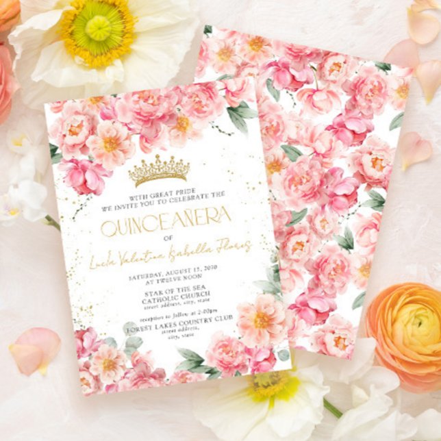 Invitación Elegante oro floral rosa Tiara Quinceañera (Subido por el creador)