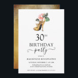 Invitación Elegante oro floral tacones altos 30 cumpleaños<br><div class="desc">Moderno y elegante Gold Tropical Floral Gold High Heels 30th Birthday Party Invitation con nuestro glamoroso y brillante talón dorado de color agua rodeado de flores tropicales rosas y verdes. El fondo es un lujoso lavabo de color acuático dorado. Fácil de personalizar con su información para una simple y elegante...</div>