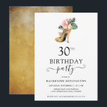 Invitación Elegante oro floral tacones altos 30 cumpleaños<br><div class="desc">Moderno y elegante Gold Tropical Floral Gold High Heels 30th Birthday Party Invitation con nuestro glamoroso y brillante talón dorado de color agua rodeado de flores tropicales rosas y verdes. El fondo es un lujoso lavabo de color acuático dorado. Fácil de personalizar con su información para una simple y elegante...</div>