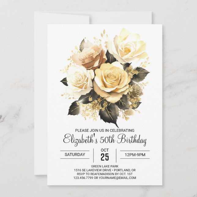 Invitación Elegante oro floral y negro 50 cumpleaños (Anverso)