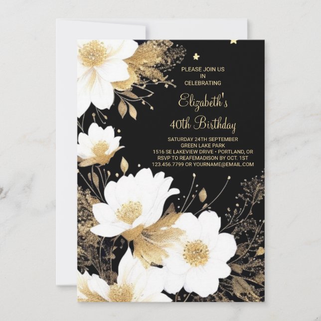 Invitación Elegante oro floral y negro en línea 40 cumpleaños (Anverso)