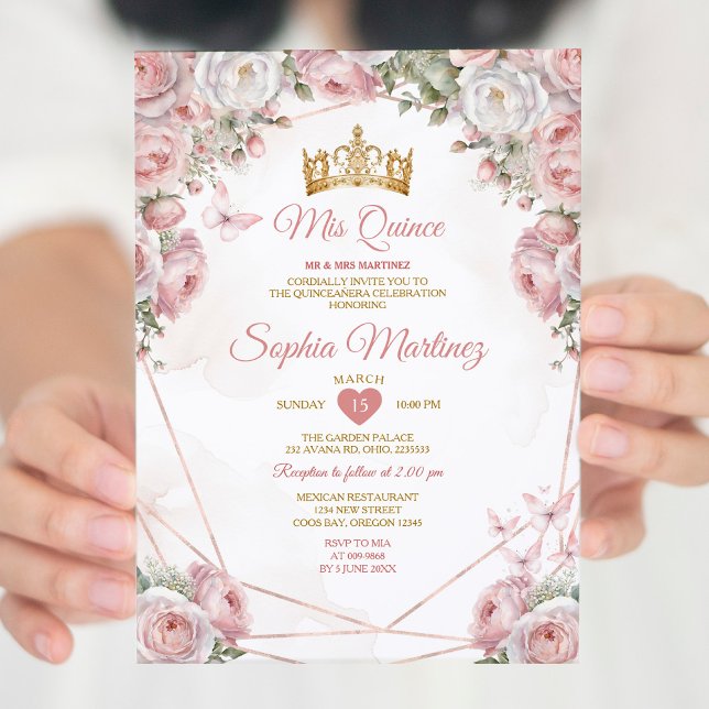Invitación Elegante Oro Flores Rosa Mexicanas Quinceañera (Subido por el creador)