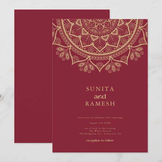 Invitación Elegante oro Mandala Boda oscuro rojo indio (Anverso / Reverso)