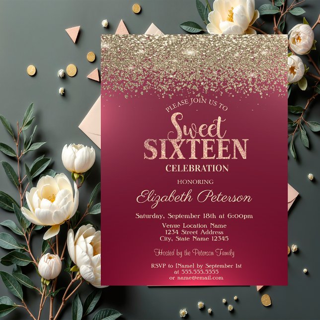 Invitación Elegante oro moderno de diamantes de confetti rojo (Subido por el creador)