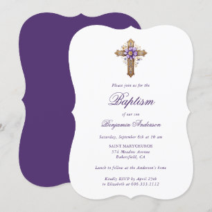 Invitación Elegante Oro Morado Cruz Floral Baptismo