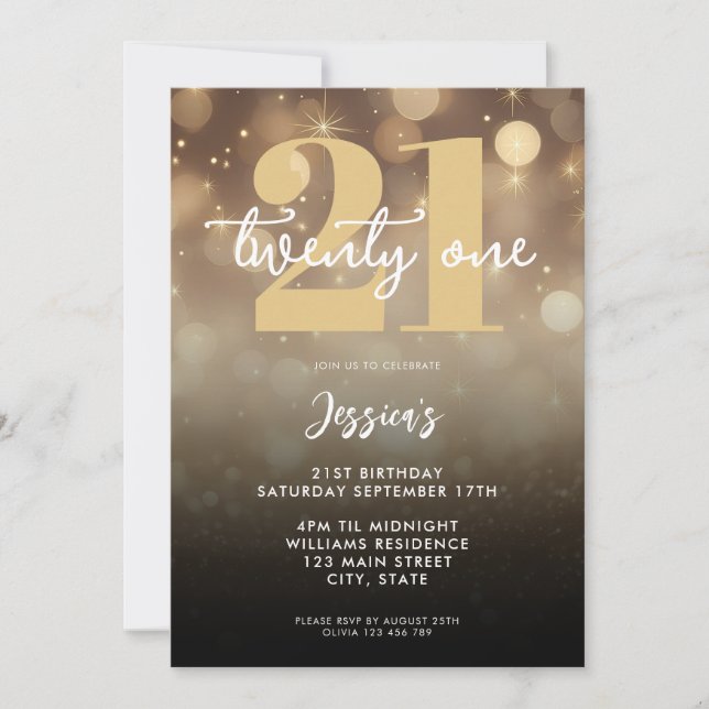 Invitación Elegante oro negro 21 cumpleaños (Anverso)