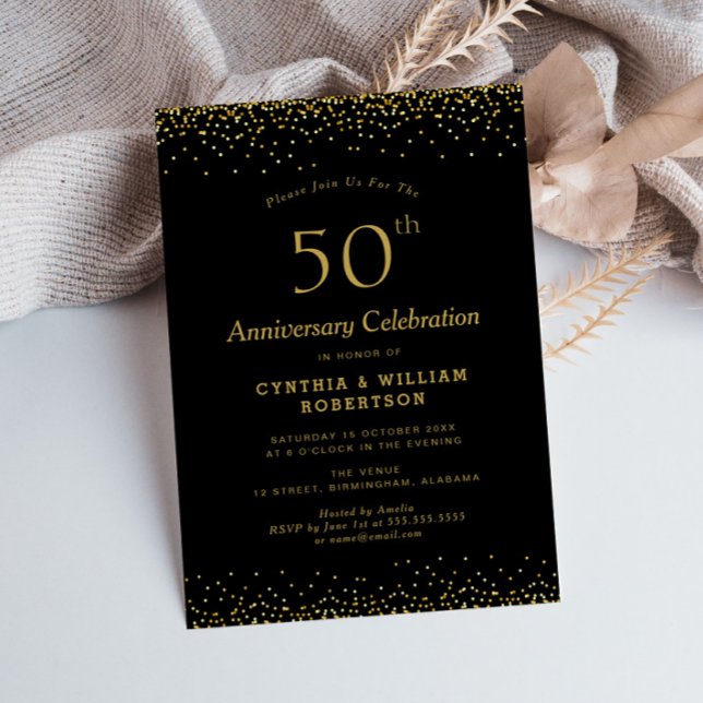 Invitación Elegante oro negro 50° aniversario boda (Subido por el creador)