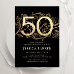 Invitación Elegante Oro Negro 50 cumpleaños<br><div class="desc">Elegante invitación de fiesta de cumpleaños 50 de oro negro. Diseño femenino moderno de personalizable con acentos botánicos rosas y oro falso purpurina. Sencilla tarjeta de invitación floral perfecta para una elegante celebración de cumpleaños femenina. Personaliza con tus propios detalles. Invitaciones Zazzle impresas o una plantilla imprimible digital de descarga...</div>