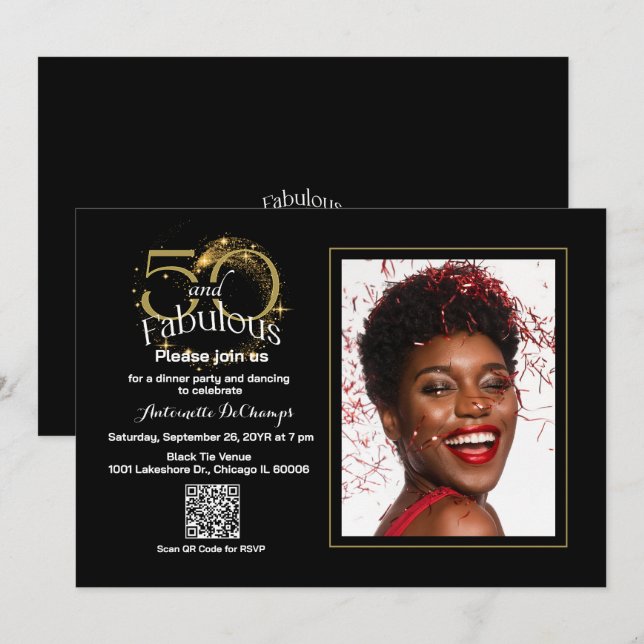 Invitación Elegante Oro Negro 50 y fabuloso Código QR Cumplea (Anverso / Reverso)