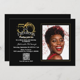 Invitación Elegante Oro Negro 50 y fabuloso Código QR Cumplea