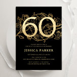 Invitación Elegante Oro Negro 60 cumpleaños<br><div class="desc">Elegante invitación a la fiesta de cumpleaños número 60 de oro negro. Diseño femenino moderno de personalizable con acentos botánicos rosas y oro falso purpurina. Sencilla tarjeta de invitación floral perfecta para una elegante celebración de cumpleaños femenina. Personaliza con tus propios detalles. Invitaciones Zazzle impresas o una plantilla imprimible digital...</div>