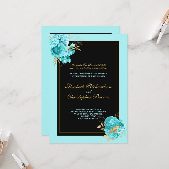 Invitación Elegante oro negro Bodas florales Verde azulados (Anverso/Reverso In Situ)