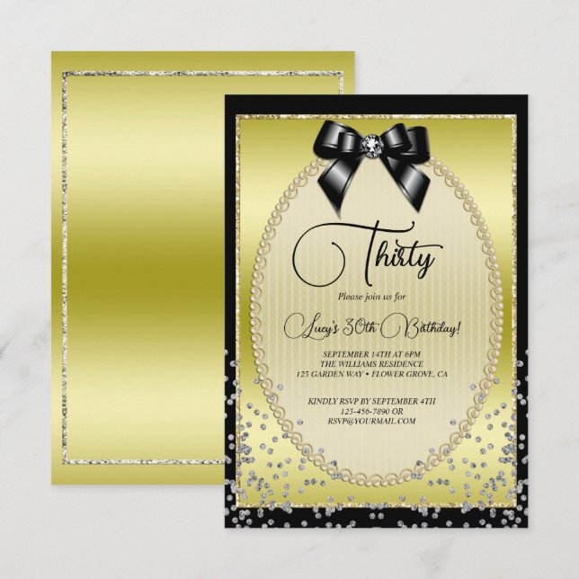 Invitación Elegante oro, negro compás y confetti cumpleaños (Anverso / Reverso)