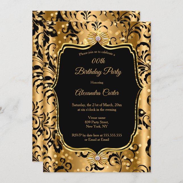 Invitación Elegante oro negro Damask Jewel Bow Cumpleaños (Anverso / Reverso)