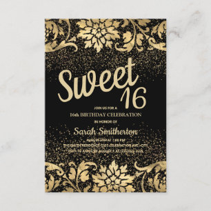 Invitación Elegante Oro Negro Floral Brillo Sweet 16