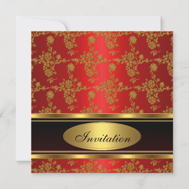 Invitación Elegante Oro Negro Floral Rojo (Anverso)