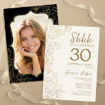 Invitación Elegante Oro Negro Foto Sorpresa 30 cumpleaños<br><div class="desc">Elegante crema de oro y sorpresa negra 30 cumpleaños con tu foto en la parte trasera de la tarjeta. El moderno diseño femenino moderno presenta acentos botánicos y tipografía. Sencilla tarjeta de invitación floral perfecta para una elegante celebración de cumpleaños sorpresa femenina. Se puede personalizar a cualquier edad. Invitaciones Zazzle...</div>