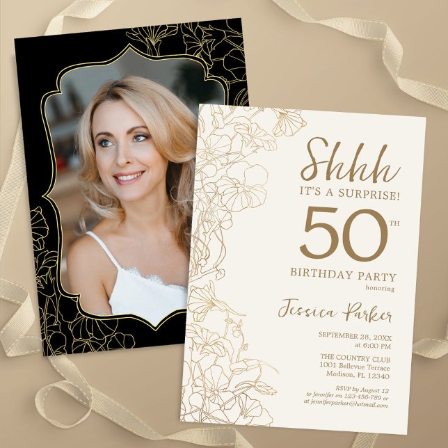 Invitación Elegante Oro Negro Foto Sorpresa 50 cumpleaños (Subido por el creador)