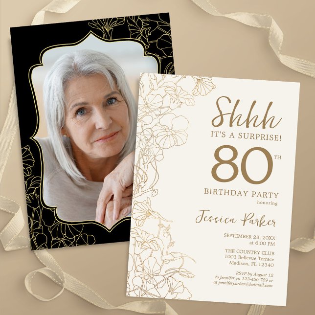 Invitación Elegante Oro Negro Foto Sorpresa 80 cumpleaños (Subido por el creador)