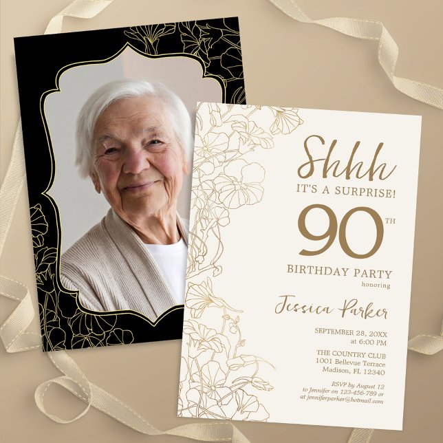 Invitación Elegante Oro Negro Foto Sorpresa 90 cumpleaños (Subido por el creador)