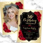 Invitación Elegante Oro Negro Fotos Rojas 50 cumpleaños<br><div class="desc">Elegante invitación de 50 años floral femenina con tu foto al fondo de la tarjeta. Diseño de vidrio con oro falso. Cuenta con rosas rojas, fuente de guión y confiti. Perfecto para un elegante fiesta de celebración de cumpleaños. Personaliza con tus propios detalles. ¡Se puede personalizar para cualquier edad! Invitaciones...</div>