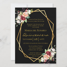 Invitación Elegante Oro Negro Geométrico Floral Quinceañera