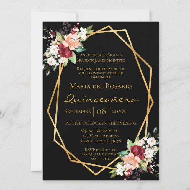 Invitación Elegante Oro Negro Geométrico Floral Quinceañera (Anverso)