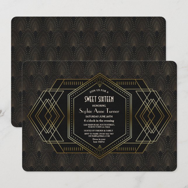 Invitación Elegante Oro Negro Gran Gatsby Dulce Dieciséis (Anverso / Reverso)