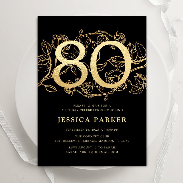 Invitación Elegante Oro Negro Oro 80 cumpleaños (Subido por el creador)