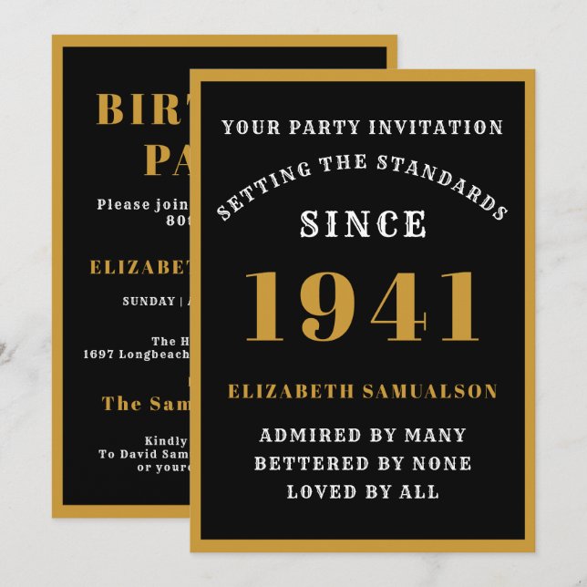 Invitación Elegante Oro Negro Personalizado 80 cumpleaños 194 (Anverso / Reverso)