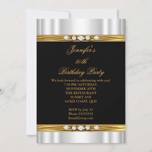 Invitación Elegante oro negro plateado Seda Diamante Cumpleañ (Anverso)
