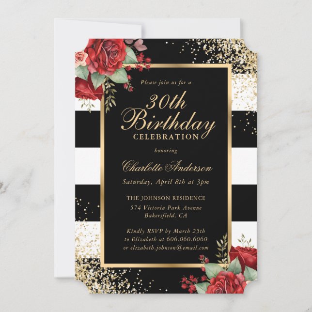 Invitación Elegante Oro Negro Rojo Roses Floral 30 cumpleaños (Anverso)