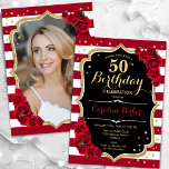 Invitación Elegante Oro Negro Roses Roses Roses Foto 50 cumpl<br><div class="desc">Elegante invitación de 50 años floral femenina con tu foto al fondo de la tarjeta. Diseño rojo blanco y negro de cristal con oro falso purpurina. Presenta rayas, rosas rojas, letra de guión y confeti. Perfecto para un elegante fiesta de celebración de cumpleaños. Personaliza con tus propios detalles. ¡Se puede...</div>