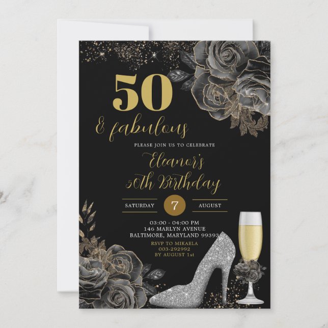 Invitación Elegante oro negro Stiletto Mujer cumpleaños (Anverso)