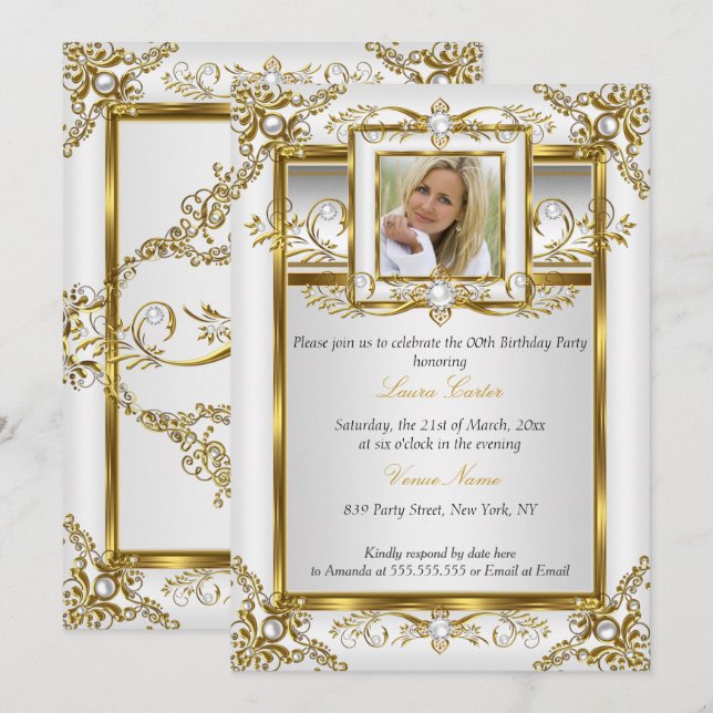 Invitación Elegante Oro Perla Blanca Damask Foto Cumpleaños 4 (Anverso / Reverso)