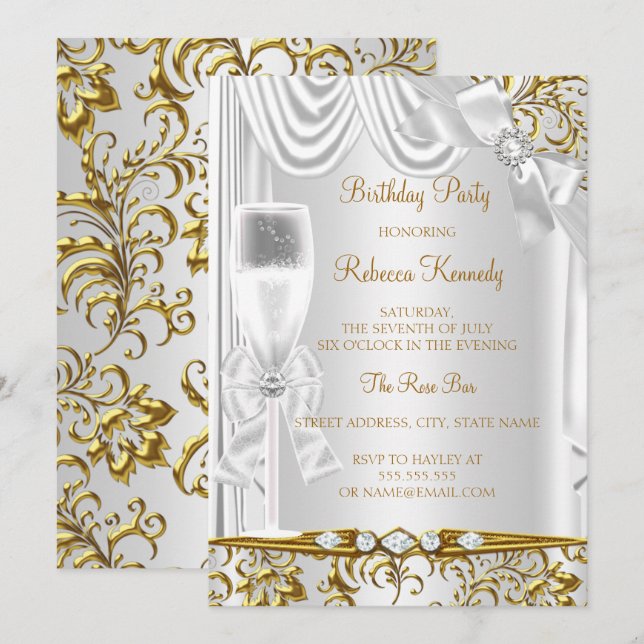 Invitación Elegante Oro Plata Blanco Seda Champán Cumpleaños (Anverso / Reverso)