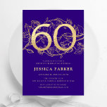 Invitación Elegante Oro Púrpura 60 cumpleaños<br><div class="desc">Elegante invitación de fiesta de cumpleaños 60 de oro morado. Diseño femenino moderno de personalizable con acentos botánicos rosas y oro falso purpurina. Sencilla tarjeta de invitación floral perfecta para una elegante celebración de cumpleaños femenina. Personaliza con tus propios detalles. Invitaciones Zazzle impresas o una plantilla imprimible digital de descarga...</div>