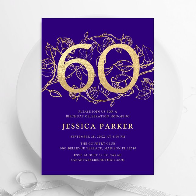 Invitación Elegante Oro Púrpura 60 cumpleaños (Subido por el creador)