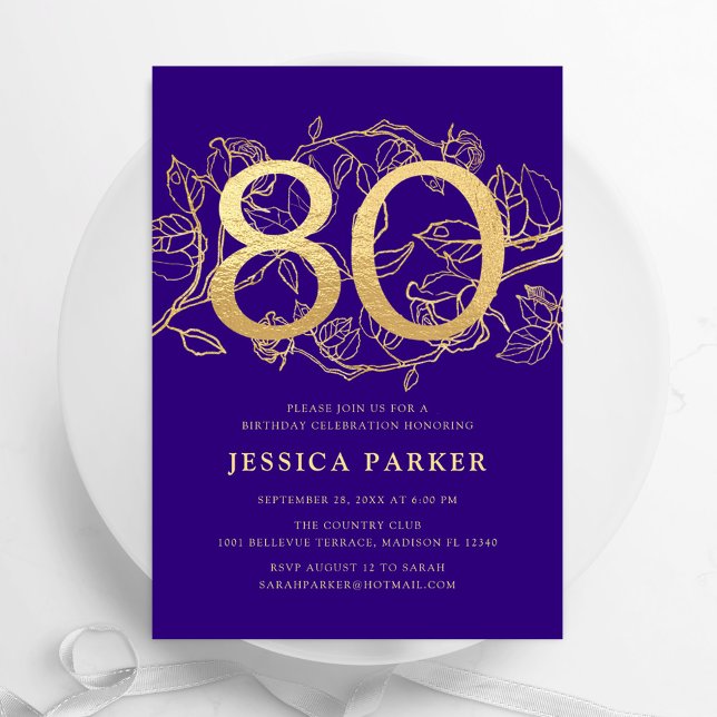 Invitación Elegante Oro Púrpura 80 cumpleaños (Subido por el creador)