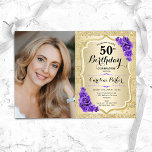 Invitación Elegante Oro Púrpura Foto 50 cumpleaños<br><div class="desc">Elegante invitación de 50 años floral femenina con tu foto. Diseño de vidrio con oro falso purpurina. Cuenta con rayas, rosas púrpura, fuente de guiones y confeti. Perfecto para un elegante fiesta de celebración de cumpleaños. Personaliza con tus propios detalles. ¡Se puede personalizar para cualquier edad! Invitaciones Zazzle impresas o...</div>