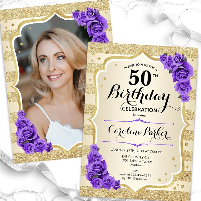 Invitación Elegante Oro Púrpura Foto 50 cumpleaños (Subido por el creador)