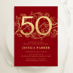 Invitación Elegante Oro Rojo 50 cumpleaños<br><div class="desc">Elegante invitación a la fiesta de cumpleaños número 50 de oro rojo. Diseño femenino moderno de personalizable con acentos botánicos rosas y oro falso purpurina. Sencilla tarjeta de invitación floral perfecta para una elegante celebración de cumpleaños femenina. Personaliza con tus propios detalles. Invitaciones Zazzle impresas o una plantilla imprimible digital...</div>