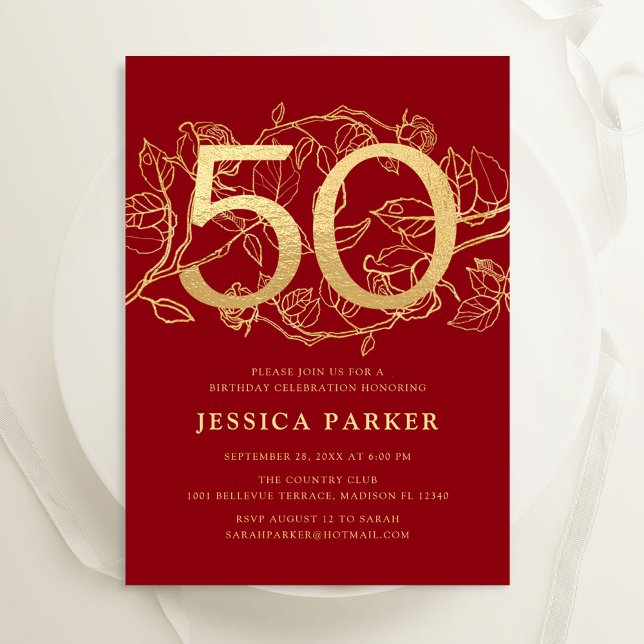 Invitación Elegante Oro Rojo 50 cumpleaños (Subido por el creador)