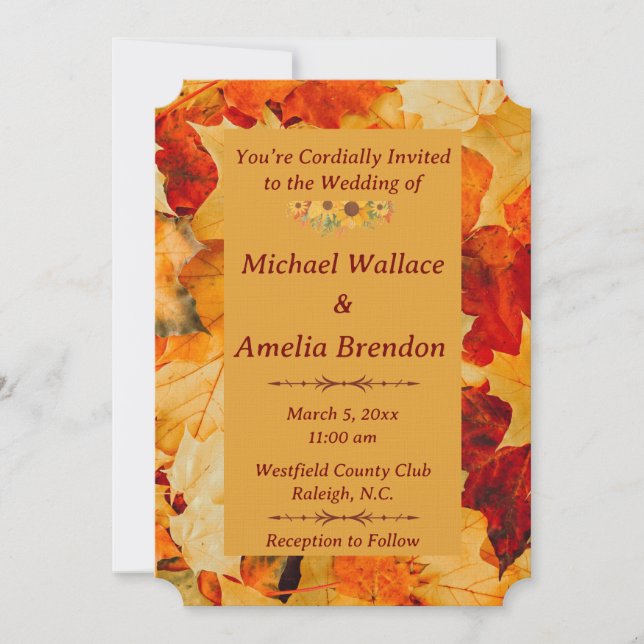 Invitación Elegante Oro Rojo Otoño Sale de Boda Caída (Anverso)