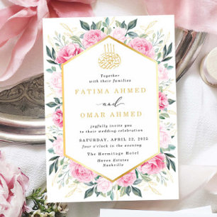 Invitación Elegante oro rosa floral deja a Boda musulmán