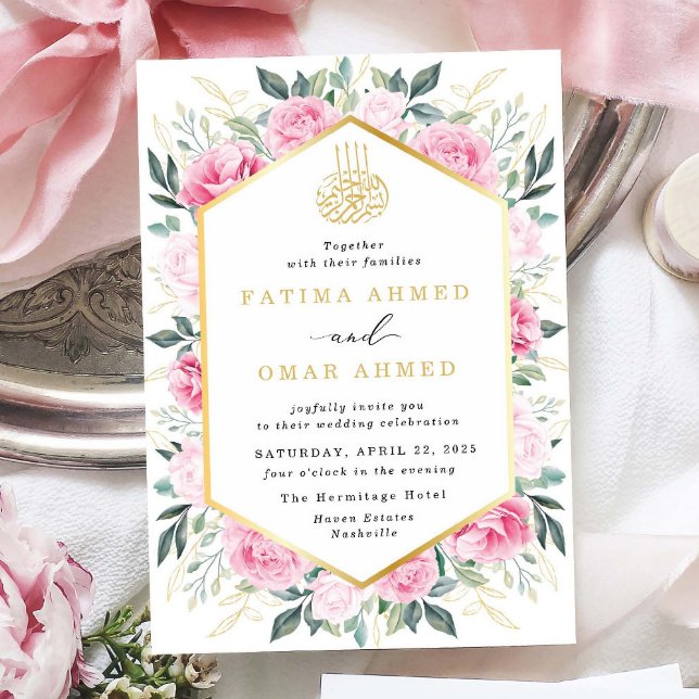 Invitación Elegante oro rosa floral deja a Boda musulmán (Subido por el creador)