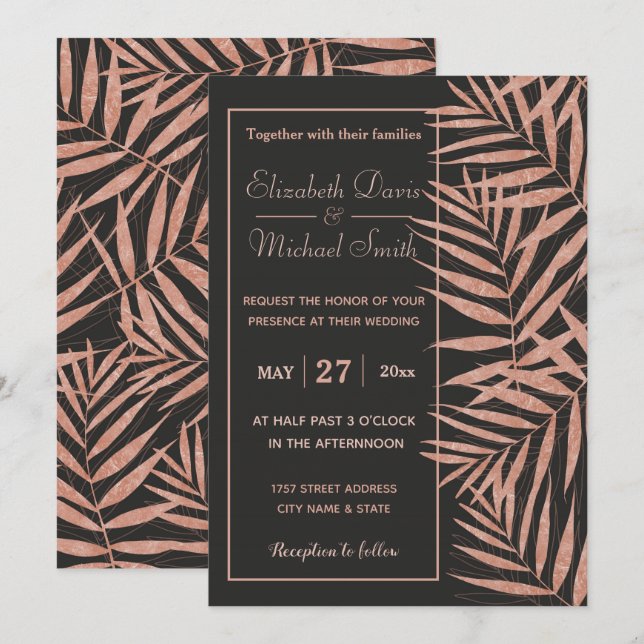 Invitación Elegante oro rosa hojas tropicales arte boda (Anverso / Reverso)